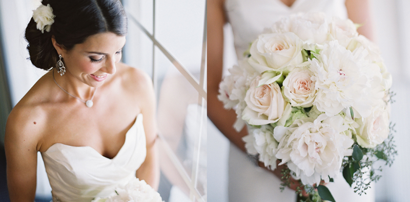 Bride standing by window and closeup of bridal bouquet.